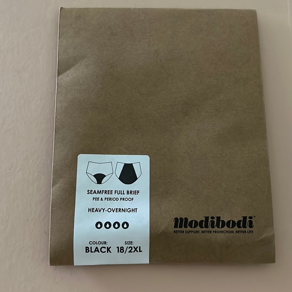 NEW, UNOPENED 2 Modibodi Heavy-Overnight Pee/Period Proof Brief. Blk. Sz 18/2XL.